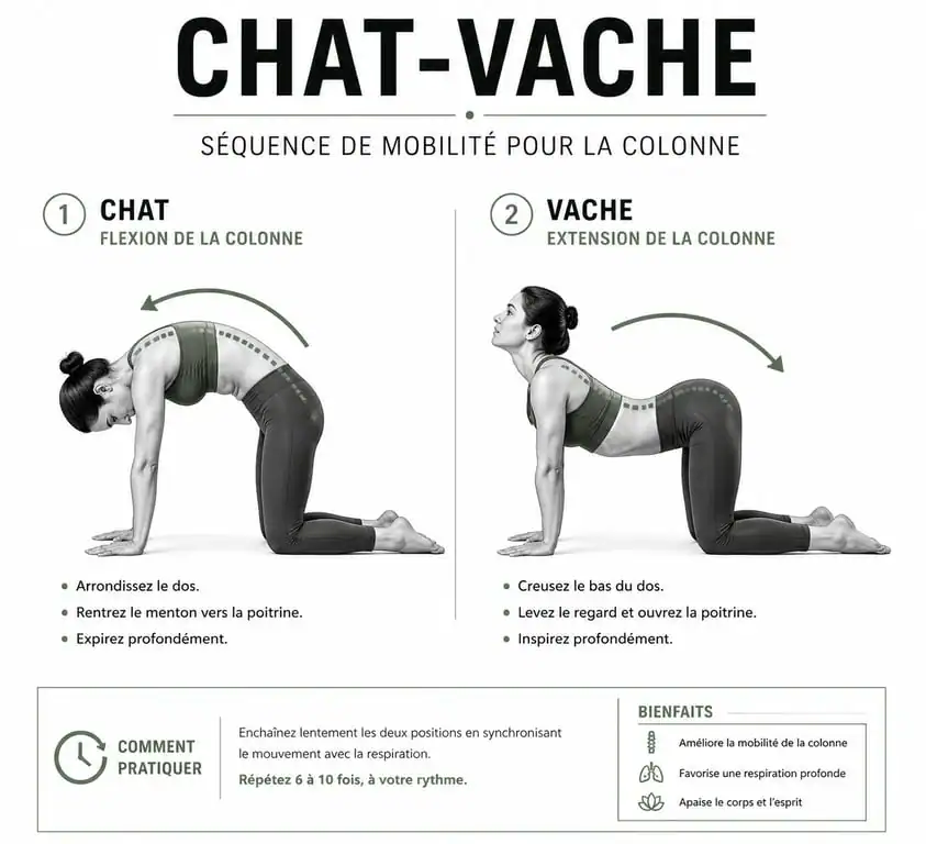 Illustration de la posture du chat et de la vache en yoga pour la mobilité vertébrale