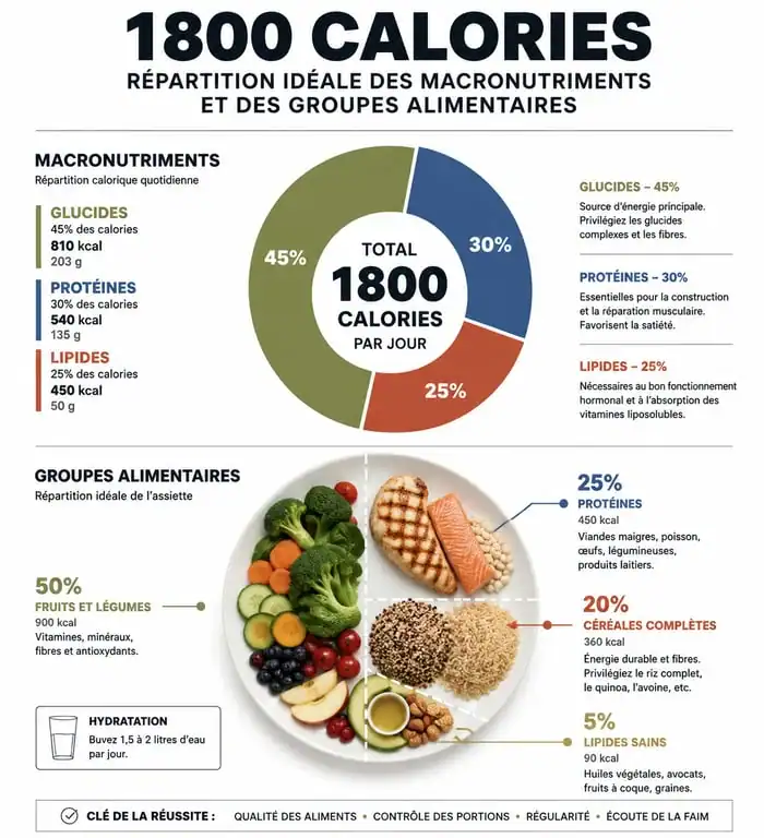 Répartition alimentaire pour un régime de 1800 calories par jour