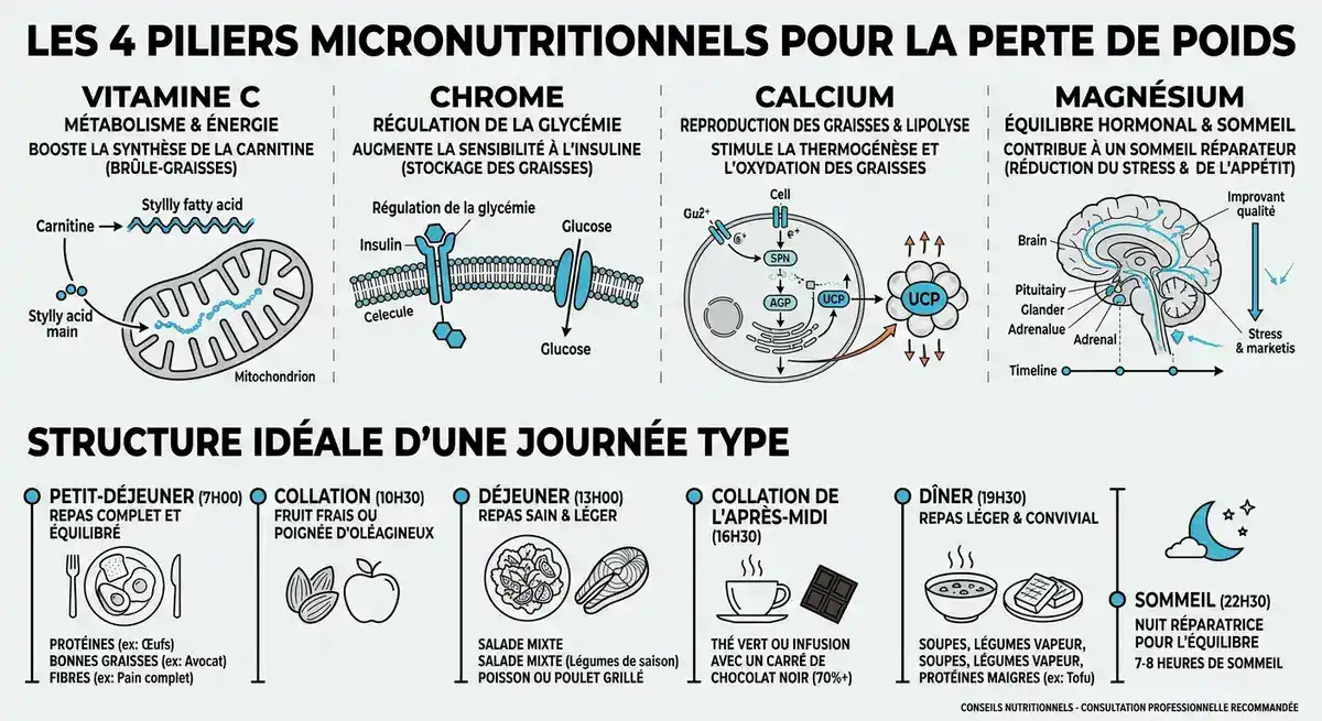 Infographie des piliers nutritionnels et structure des repas pour la perte de poids