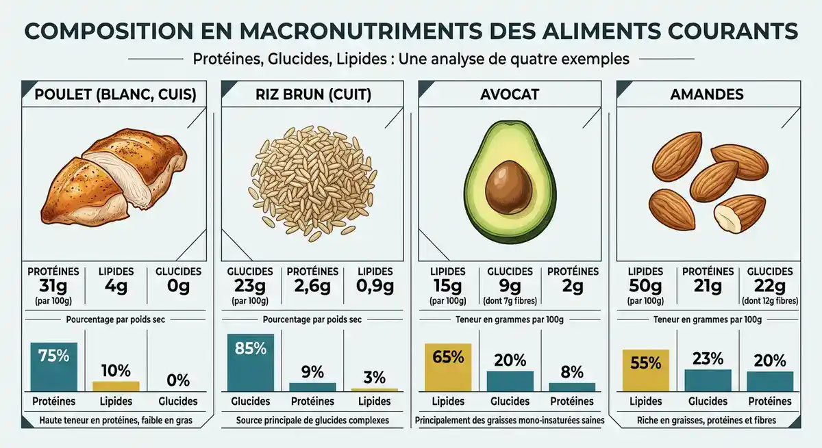 Infographie comparative de la composition en macronutriments des aliments courants