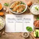 tableau glucide lipide proteine sur table avec aliments