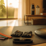 Accessoires de sport sur tapis à la maison