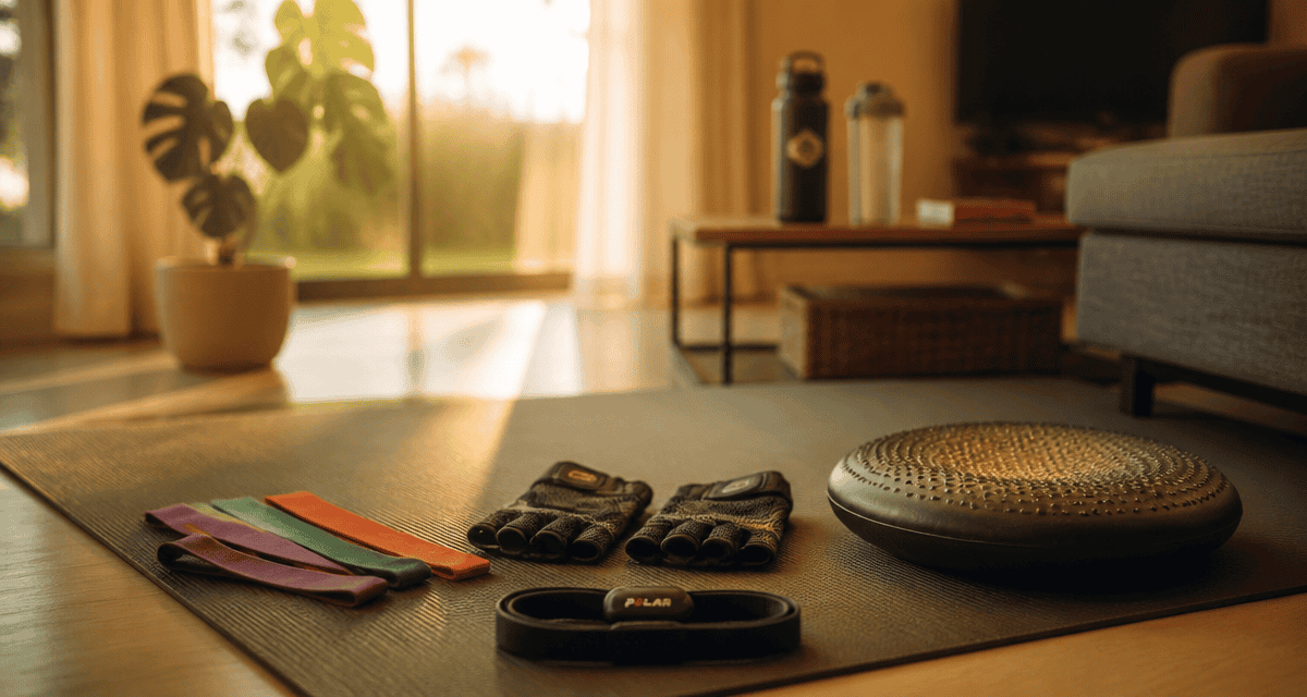Accessoires de sport sur tapis à la maison