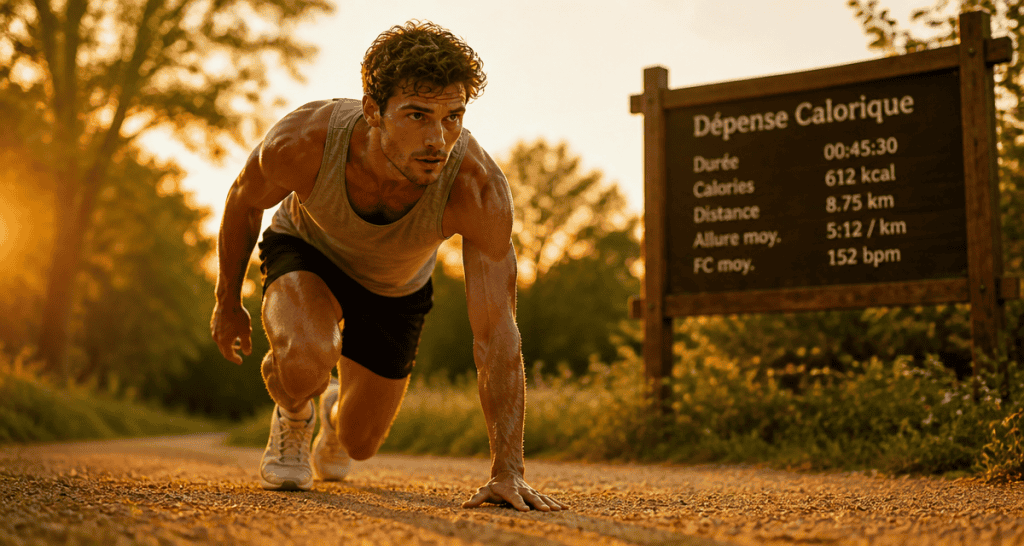 calories course a pieds coureur sur piste au soleil