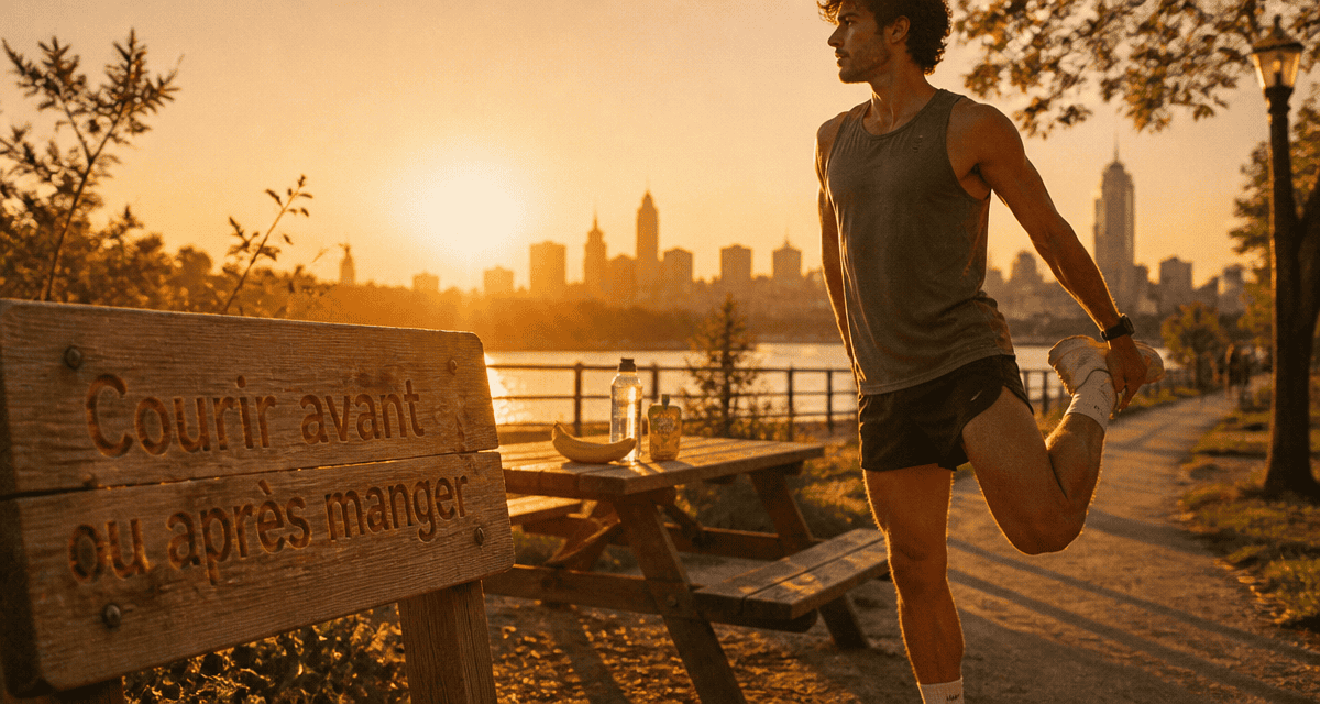 courir avant ou apres manger, coureur s'étire près d'une collation