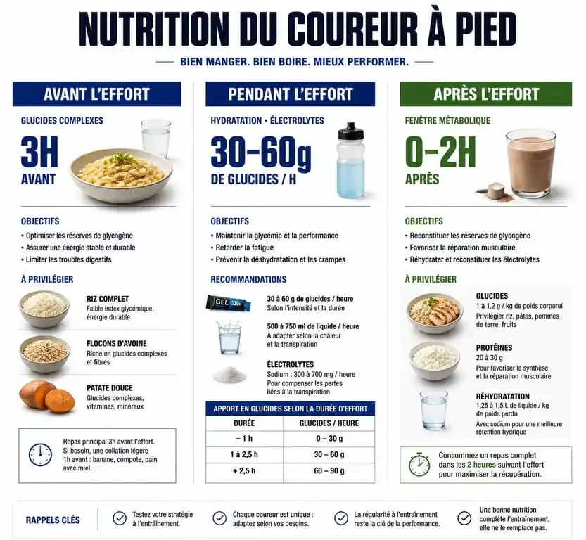 Infographie sur l'alimentation en course à pied : conseils nutritionnels avant, pendant et après l'effort pour optimiser la performance.