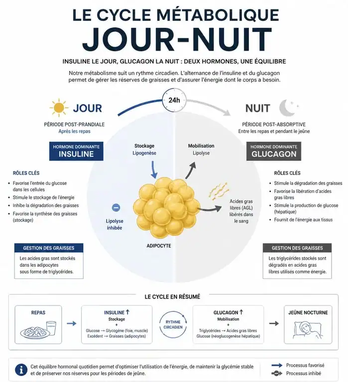 Infographie sur les mécanismes physiologiques du jeûne nocturne pour maigrir