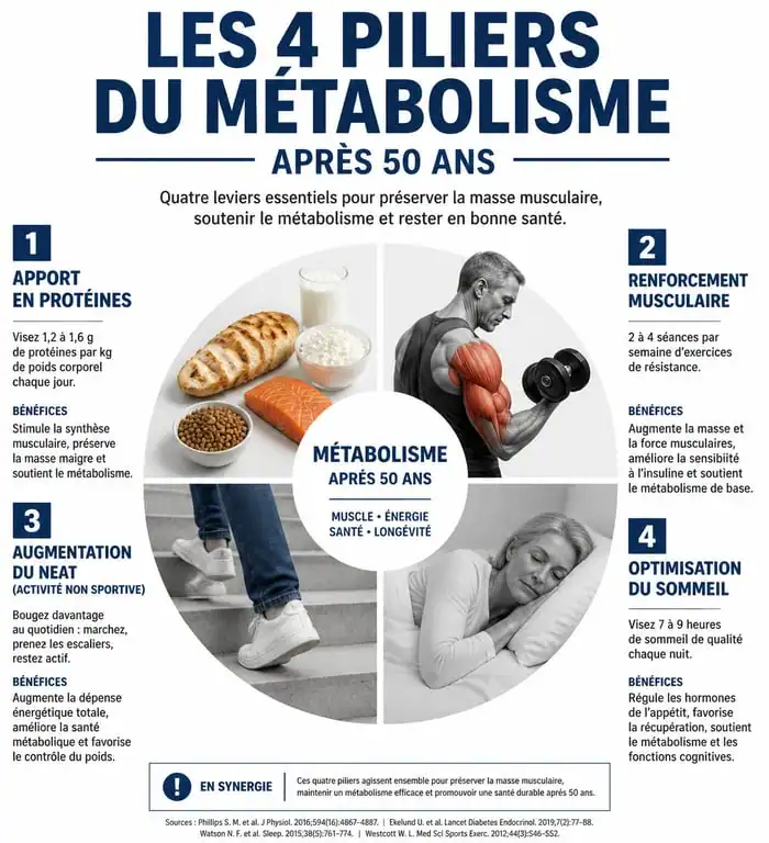 Infographie des piliers pour booster le métabolisme après 50 ans