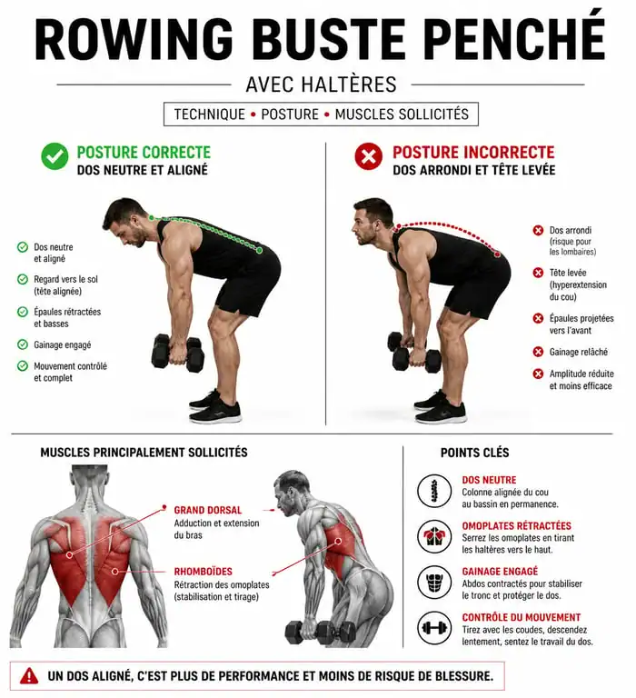 Infographie technique illustrant la posture correcte et les erreurs à éviter lors du rowing buste penché avec haltères