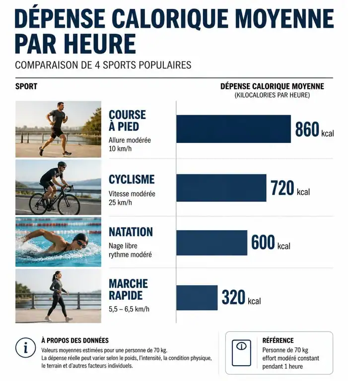 Infographie comparative des calories brûlées par sport : course à pied, vélo, natation et marche