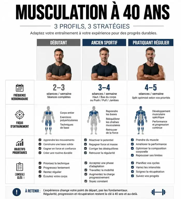 Infographie des programmes de musculation pour homme de 40 ans selon le profil