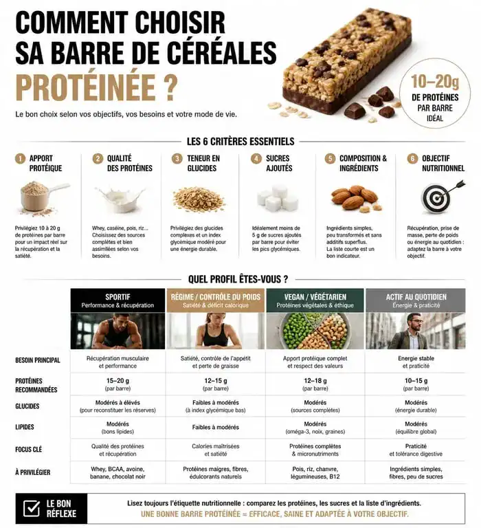 Infographie comparative des barres de céréales protéinées selon les profils sportifs et nutritionnels