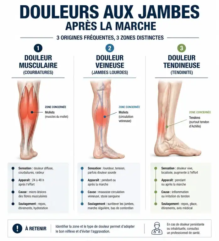 Schéma explicatif des causes de douleurs aux jambes après la marche : courbatures, insuffisance veineuse et tendinite.