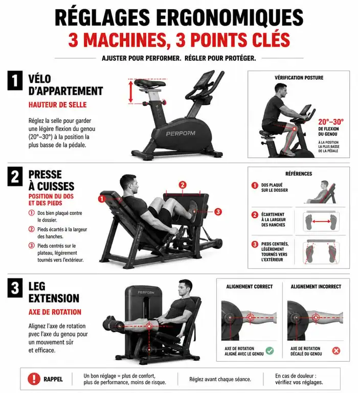 Infographie des réglages ergonomiques pour machine en salle de sport