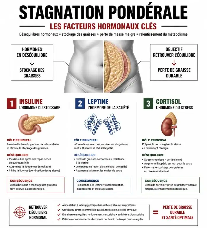 Infographie explicative sur les causes hormonales de la stagnation de la perte de poids et pourquoi on n'arrive pas à maigrir.