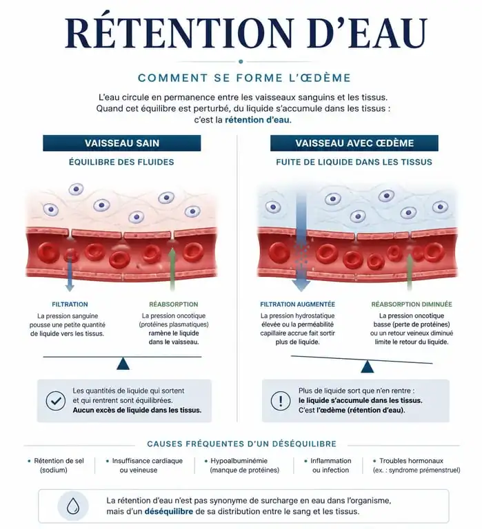 Schéma explicatif du mécanisme de la rétention d'eau et de l'œdème dans les tissus