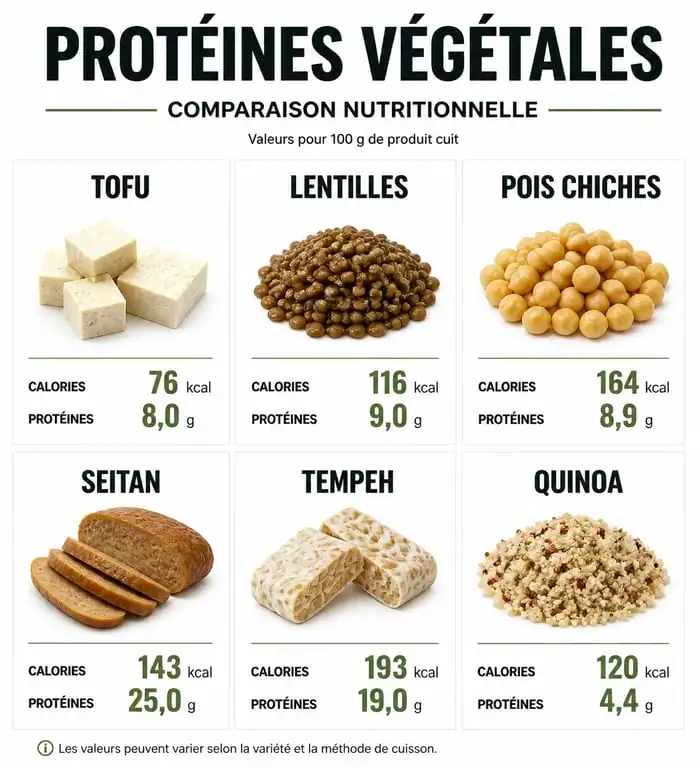 Infographie comparative des protéines végétales pour maigrir : calories et protéines par aliment