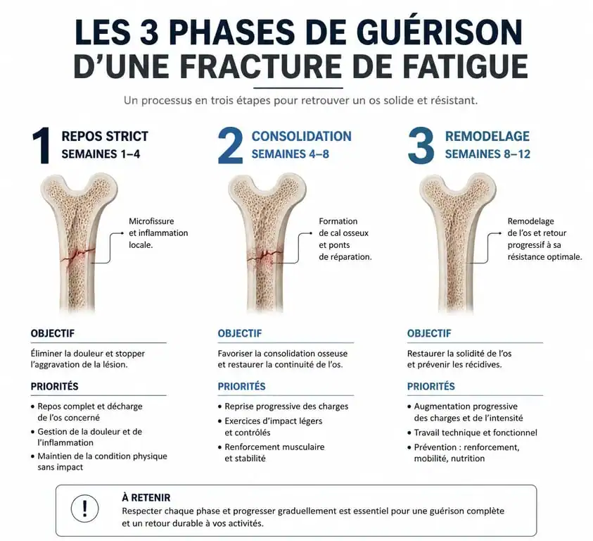 Infographie des phases de guérison d'une fracture de fatigue et temps de récupération