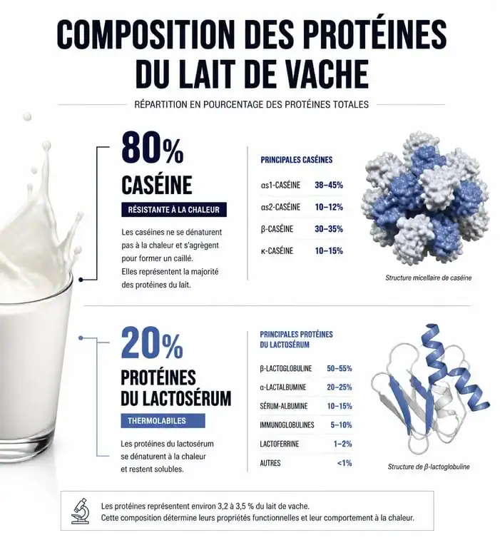 Infographie illustrant la différence entre caséine et protéines du lactosérum dans le lait de vache
