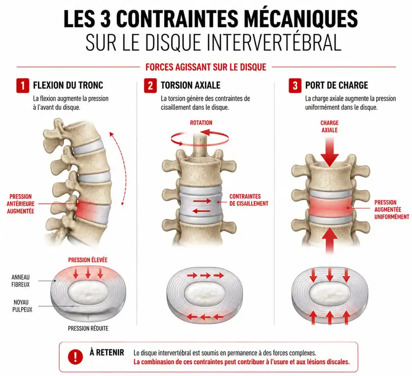 Schéma des mouvements interdits en cas de hernie discale : flexion, torsion et port de charge