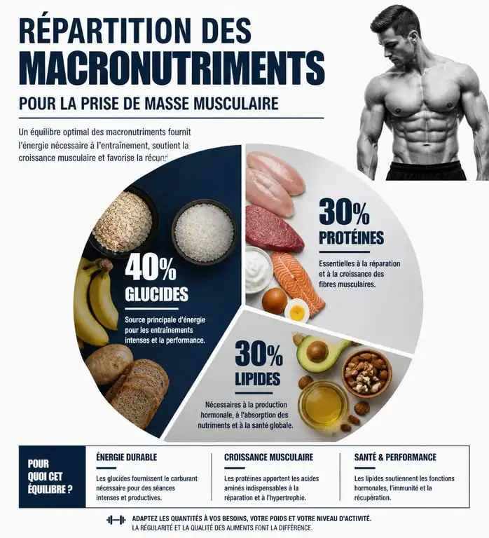 Infographie sur la répartition des macronutriments pour le calcul des calories en prise de masse musculaire