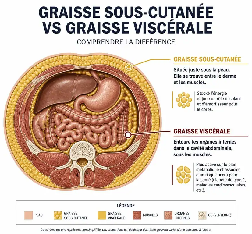 Schéma comparatif de la graisse sous-cutanée ventre et de la graisse viscérale