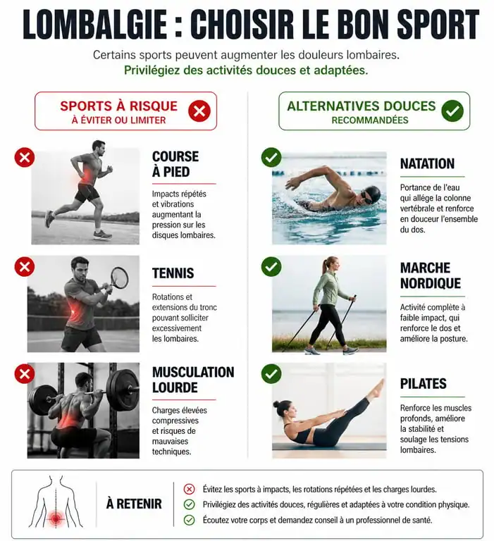 Infographie comparative des sports à éviter et à privilégier en cas de lombalgie pour protéger son dos