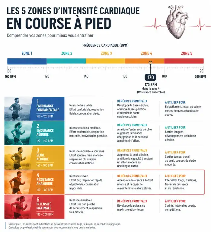 Infographie des zones de fréquence cardiaque en course à pied et positionnement de 170 bpm