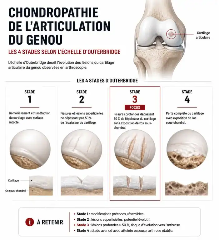 Schéma explicatif des stades de la chondropathie du genou selon l'échelle d'Outerbridge