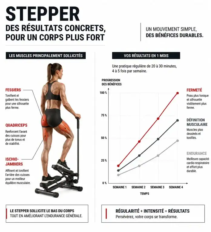 Infographie des résultats physiques après 1h de stepper par jour : muscles sollicités et progression mensuelle
