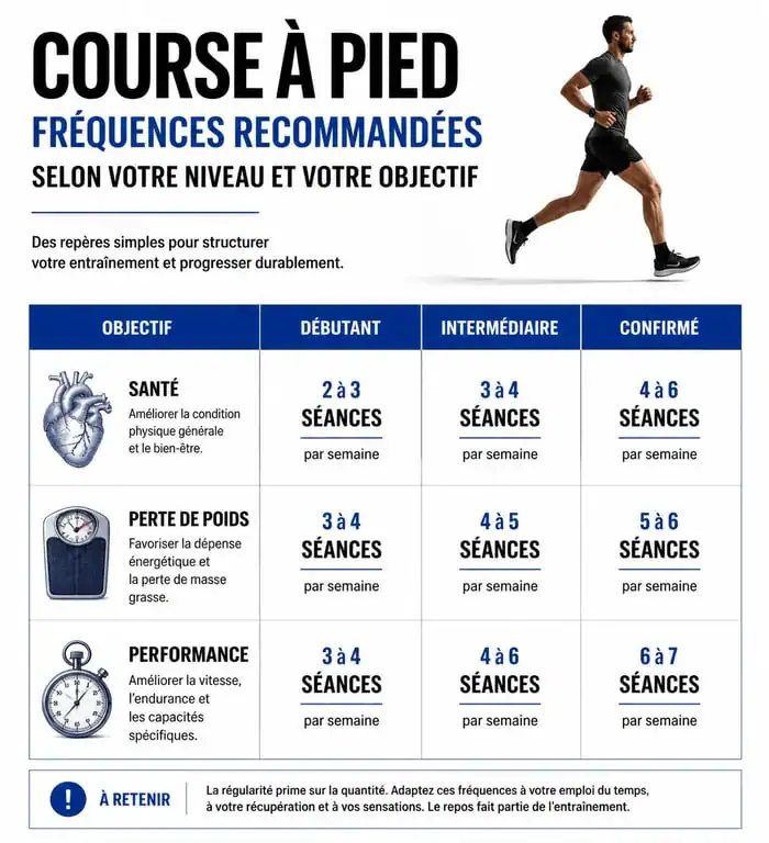 Infographie des fréquences de course à pied recommandées par niveau et objectif
