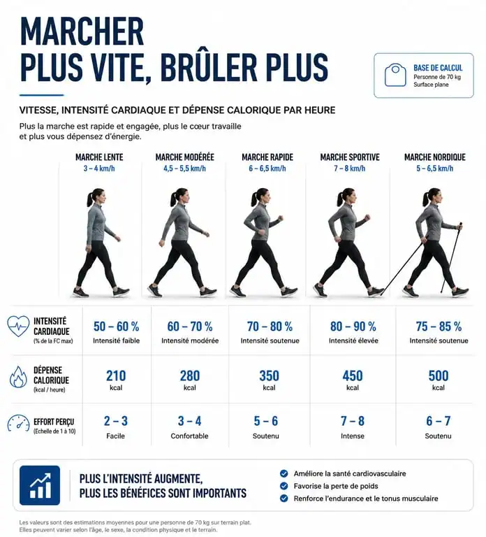 Infographie sur la dépense calorique et l'intensité de la marche pour maigrir
