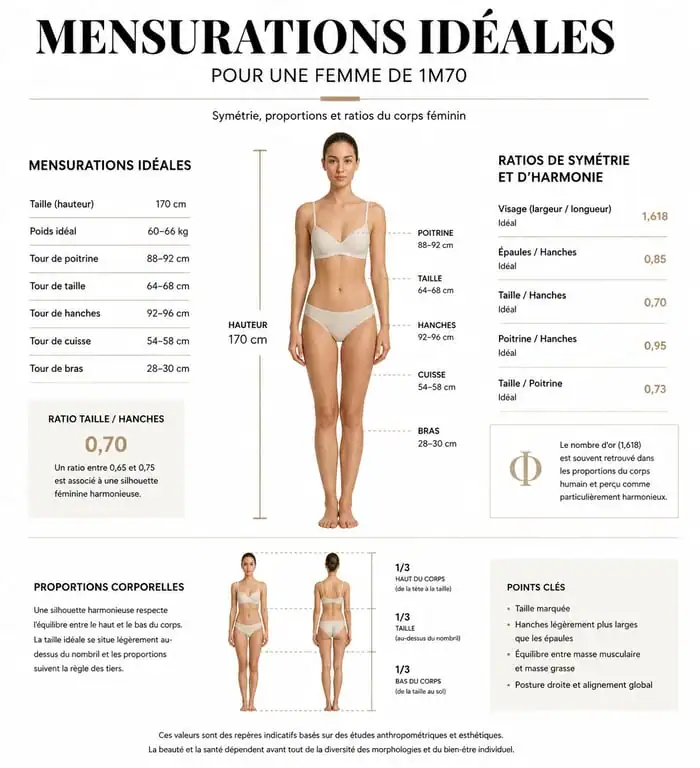 Infographie des mensurations idéales pour femme 1m70 et ratios de symétrie