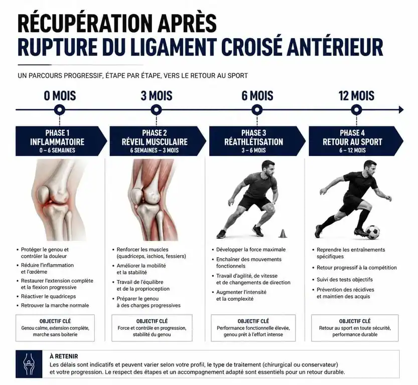 Infographie des phases de récupération après une rupture des ligaments croisés du genou et temps de guérison