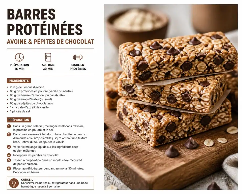 Barres protéinées maison aux flocons d'avoine et chocolat pour une collation pas chère et saine