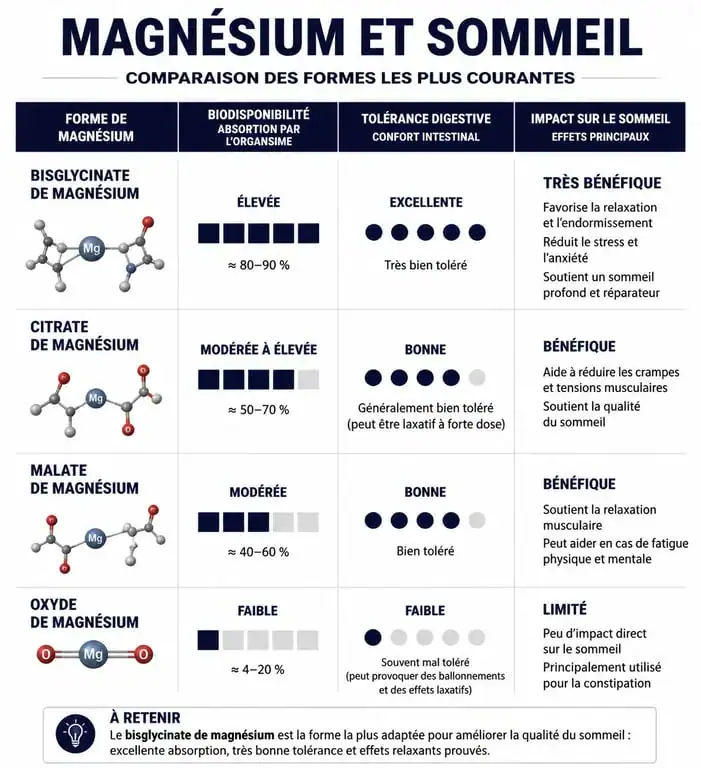 Infographie comparative des différentes formes de magnésium pour améliorer la qualité du sommeil et choisir le meilleur magnésium pour dormir.