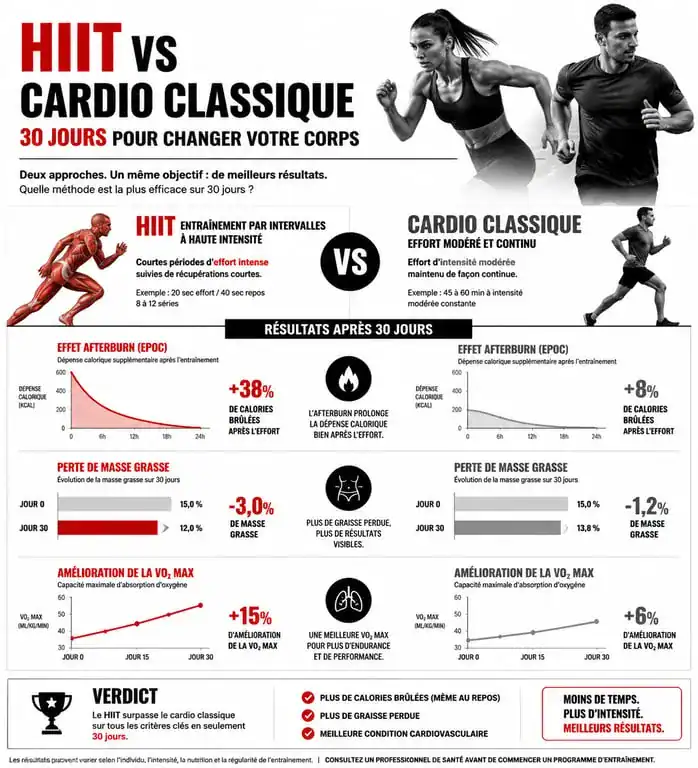 Infographie comparative HIIT vs cardio classique pour des résultats en 1 mois