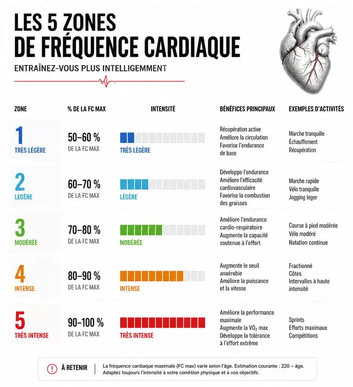 Tableau des 5 zones de fréquence cardiaque pour l'entraînement sportif