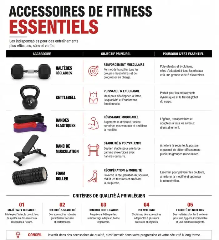 Infographie comparative des accessoires de sport pour le fitness et la musculation