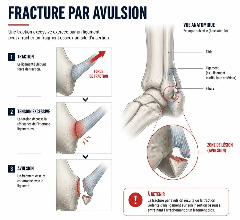 Schéma explicatif d'un arrachement osseux ou avulsion montrant le détachement d'un fragment d'os par un ligament