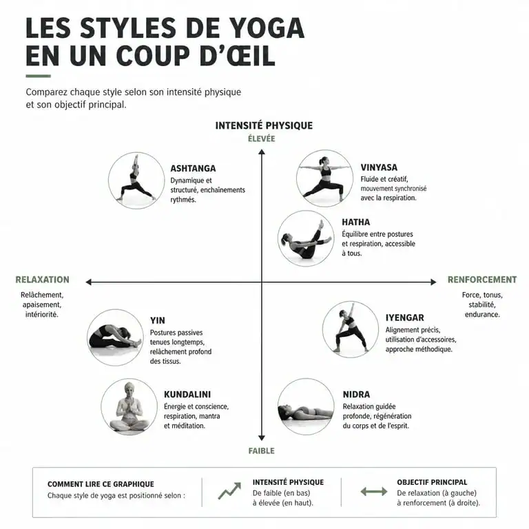 Infographie comparative des différents types de yoga pour choisir sa pratique selon ses objectifs