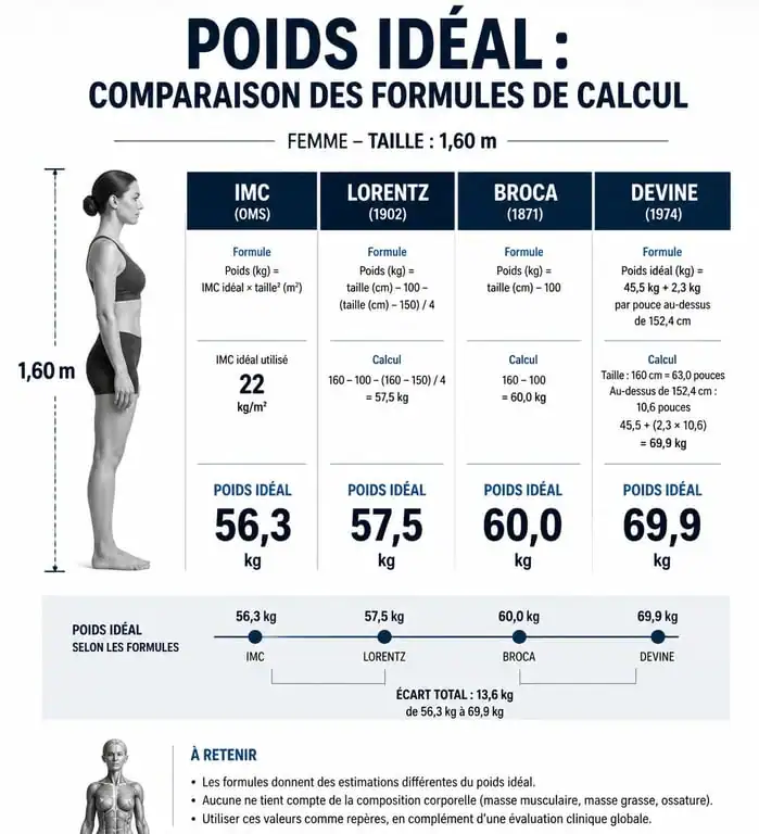 Infographie comparative des méthodes de calcul du poids idéal pour une femme de 1m60