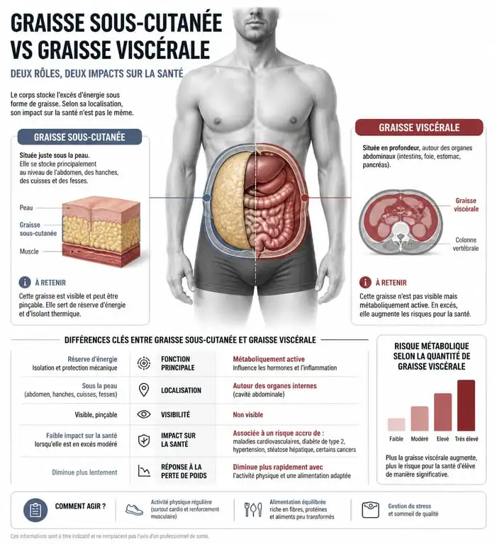 Schéma explicatif de la graisse viscérale chez l'homme et ses risques pour la santé