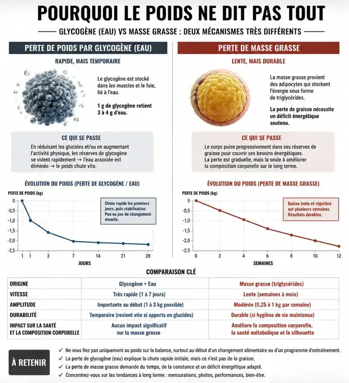 Infographie expliquant la perte de poids rapide de 2 kilos en 2 jours par la gestion du glycogène et de l'eau.