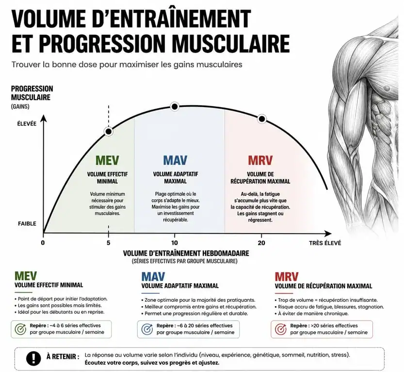 Graphique illustrant la relation entre le volume d'entraînement et l'hypertrophie musculaire (MEV, MAV, MRV)