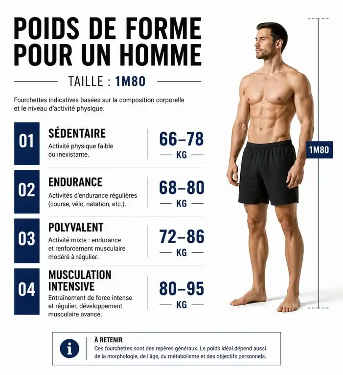 Infographie des fourchettes de poids idéal pour un homme de 1m80 sportif selon la discipline