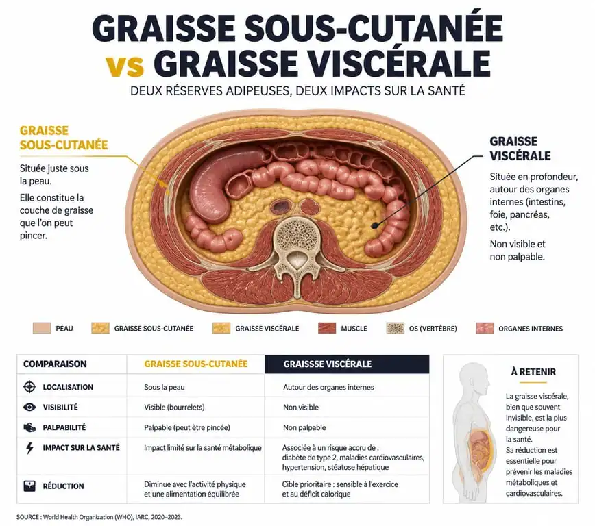 Schéma comparatif entre graisse sous-cutanée et graisse viscérale chez l'homme pour comprendre la graisse sur le ventre