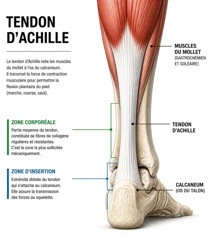 Schéma anatomique du tendon d'Achille montrant les zones corporéale et d'insertion pour comprendre les douleurs au tendon d'Achille