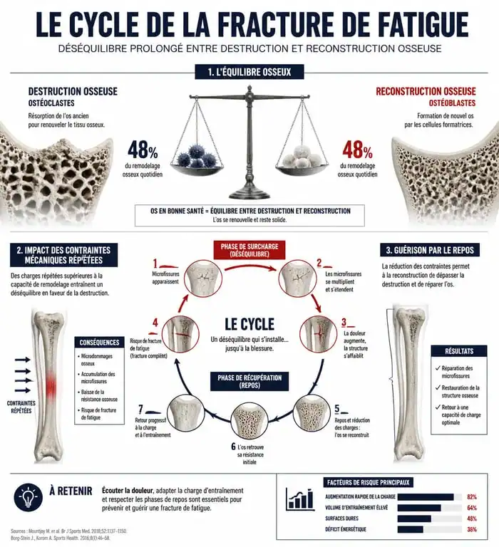 Schéma explicatif du cycle de la fracture de fatigue et du processus de guérison osseuse