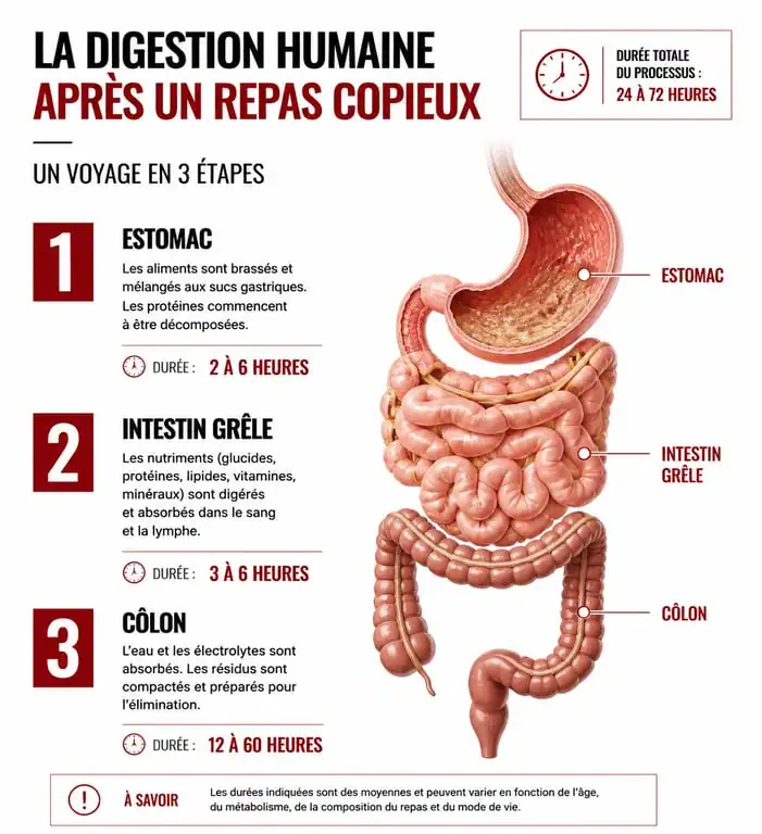 Infographie du temps de digestion après un gros repas : étapes de l'estomac au côlon